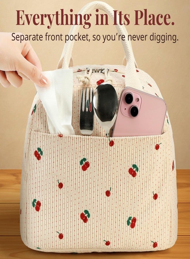 LOVELYWIND Insulated Cute Cherry Lunch Bag for Women Men - Large Capacity Beige Corduroy Lunch Tote with Aluminum Lining, Snack bag, Waterproof Cooler Box, Reusable for Work, Picnic, Travel - Image 5