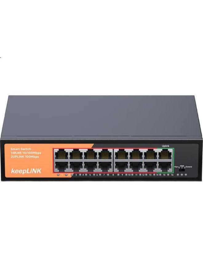 keepLiNK مفتاح كيبلينك Kp-9000 بسرعة 100 ميجابت في الثانية و16 منفذ، من فئة المؤسسات، للاستخدام المنزلي، السكن الجامعي، مراقبة الأمن، مقسم الشبكة، موزع التدفق، مفتاح - Image 1