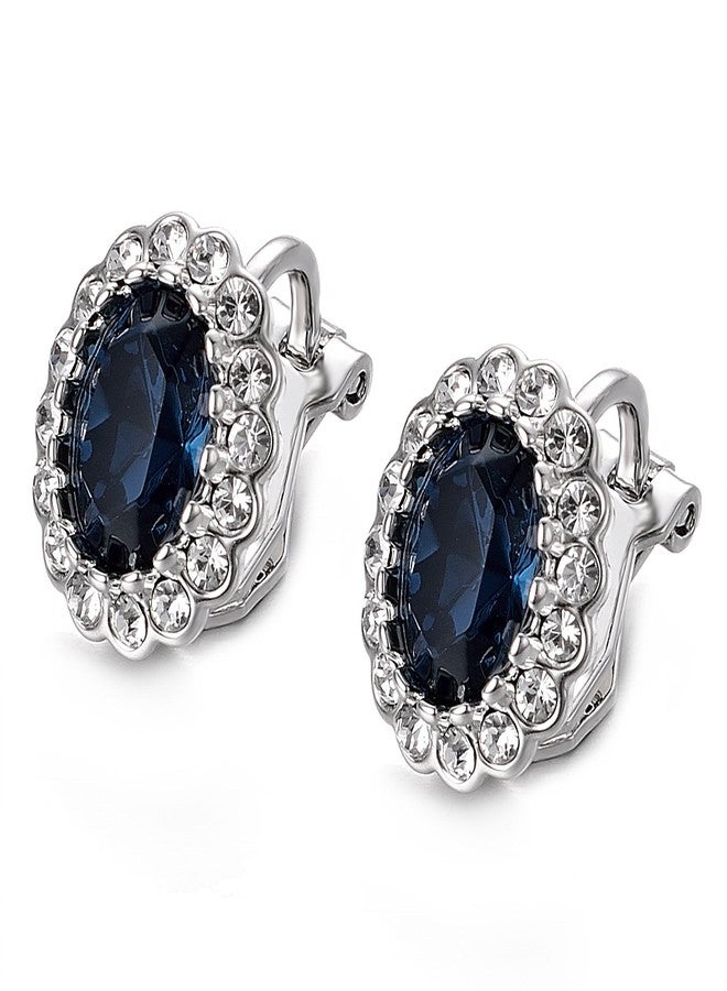Yoursfs Sapphire Clip On Earrings for Women Platinum Plated Oval Halo Navy Crystal Antique CZ Earring - Image 3