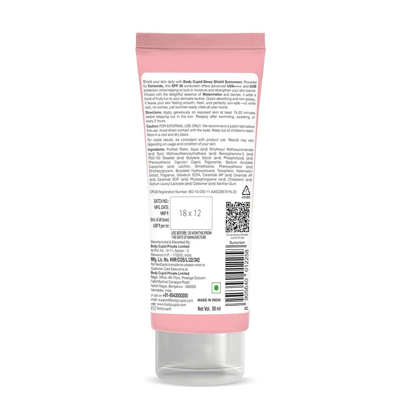 BODY CUPID بودي كيوبيد ديوي شيلد واقي شمس SPF 50 PA حماية UVA UVB فواكه فريش مع بطيخ سيراميد بدون طبقة بيضاء غير لزج مقاوم للماء سريع الامتصاص لجميع أنواع البشرة 50 مل - Image 2