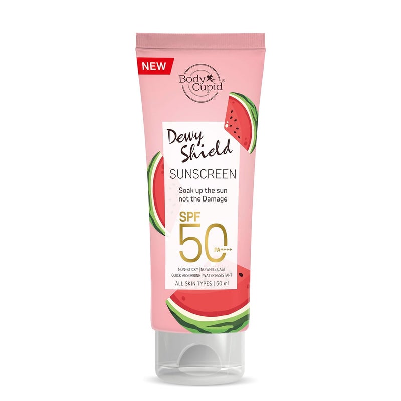 BODY CUPID بودي كيوبيد ديوي شيلد واقي شمس SPF 50 PA حماية UVA UVB فواكه فريش مع بطيخ سيراميد بدون طبقة بيضاء غير لزج مقاوم للماء سريع الامتصاص لجميع أنواع البشرة 50 مل - Image 1