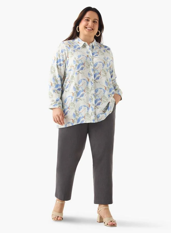 Ulla Popken Plus Size Ulla Popken Printed Shirt with Collar and Long Sleeves