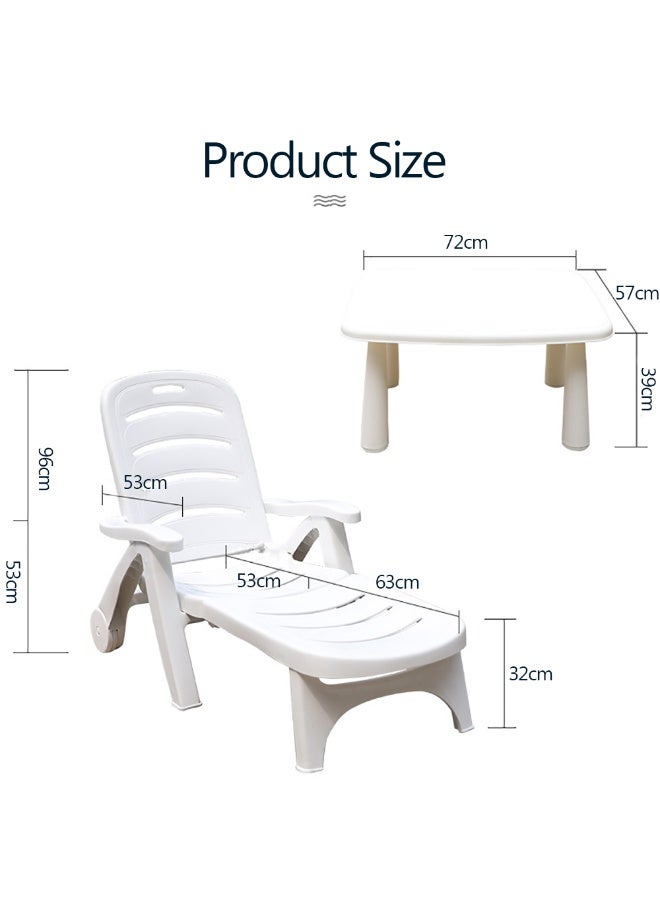 Generic Sunlounger set, White Plastic Sun Lounger and Table for Beach, Yard, Patio, Pool, Deck Foldable Outdoor Lounge Chair with Adjustable Backrest, Portable Sun Tanning Chair (2 Chair + 1 Table, White)  - Image 2