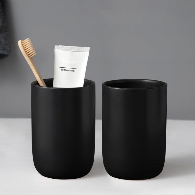 MATTE BLACK TOOTHBRUSH HOLDERS FOR BATHROOMS 2 CUPS CERAMIC TOOTHBRUSH TOOTHPASTE HOLDERS SET BLACK BATHROOM TUMBLER CUPS REUSABLE TOOTHBRUSH CUP BLACK MOUTHWASH CUP BATHROOM COUNTER ORGANIZER
