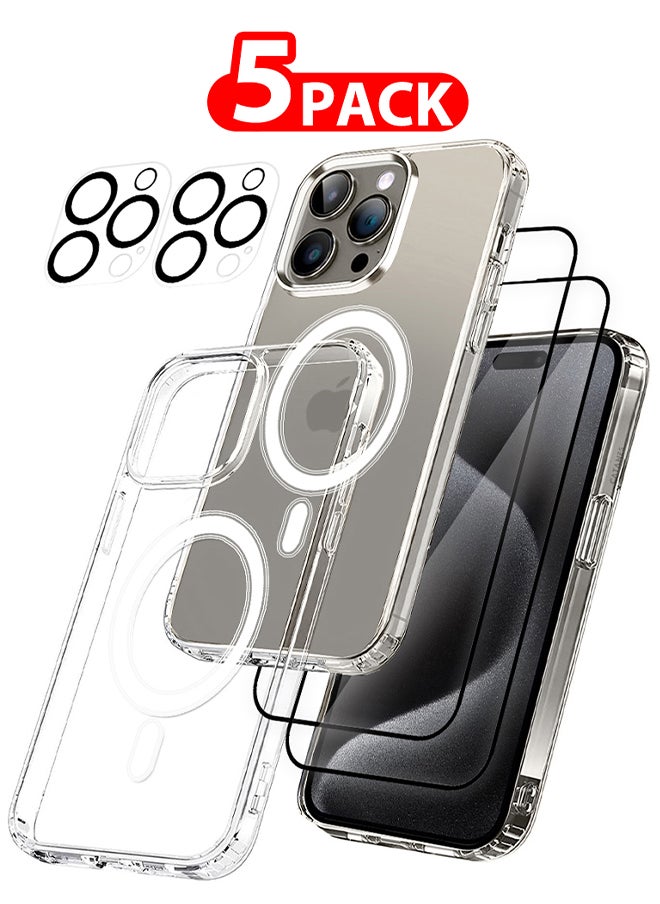 CATANES - 5 Packs For iPhone 15 Pro Max Case and 2 Screen Protectors and 2 Camera Lens Protectors Transparent Case MagSafe Compatible with Built-in Materials Ultra Durable with Military Grade Drop Protection - Image 1
