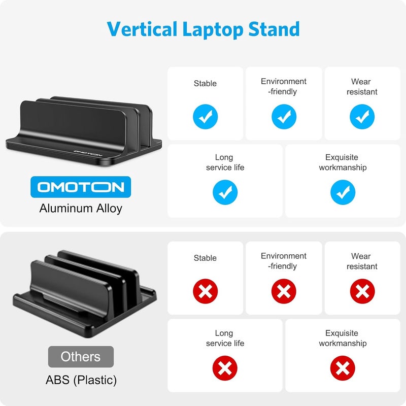 Omoton Vertical Laptop Stand [Updated Double Version], Desktop Aluminum Mac Book Stand with Adjustable Dock Size, Fits All Mac Book, Surface, Chrome Book and Gaming Laptops (Up to 17.3 inch) (Black) - Image 2