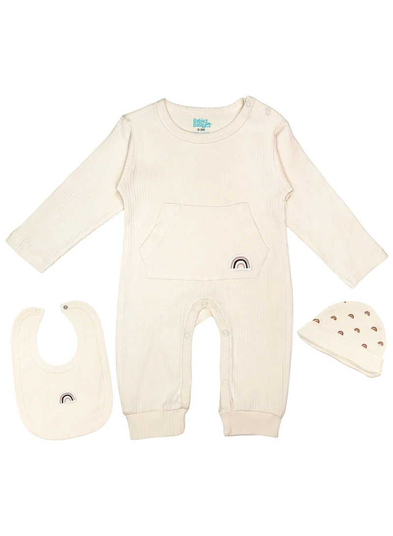 Babies Basic Babies Basic Ribbed Cotton Set with Sleepsuit/Romper, Cap and Bib