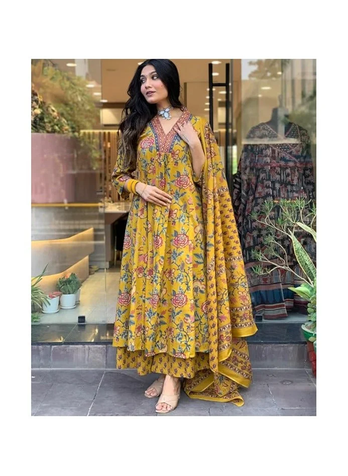 جو سريكي GoSriKi مزيج الرايون النسائي من كورتا أناركالي مطبوعة مع بنطال ودوباتا (CIA YELLOW-VKS01-GS_S_Yellow_Small)