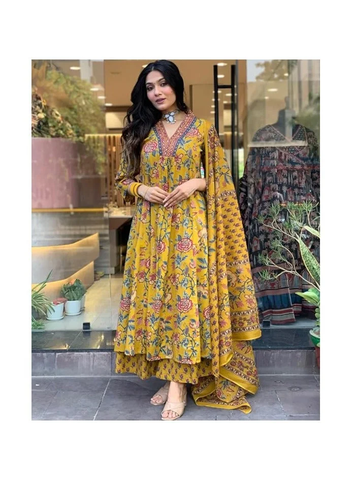 جو سريكي GoSriKi مزيج الرايون النسائي من كورتا أناركالي مطبوعة مع بنطال ودوباتا (CIA YELLOW-VKS01-GS_S_Yellow_Small)