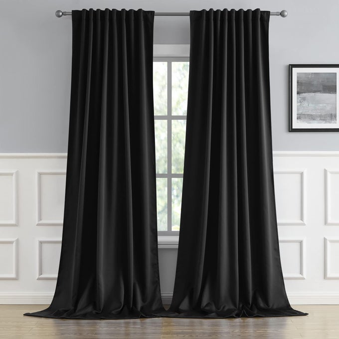2 PCS BLACKOUT EXTRA LONG BLACK CURTAINSDRAPES 132 INCH LENGTHTHERMAL INSULATED BLACK DRAPERIES FOR LOFTBLACK 2 PANELS52 W X 132L