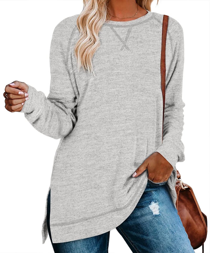 Aokosor Tops for Women 2026 Trendy Winter Long Sleeve Shirts for Leggings Vacation Sweaters Workout Valentines Day Outfits Light Grey M - Image 1