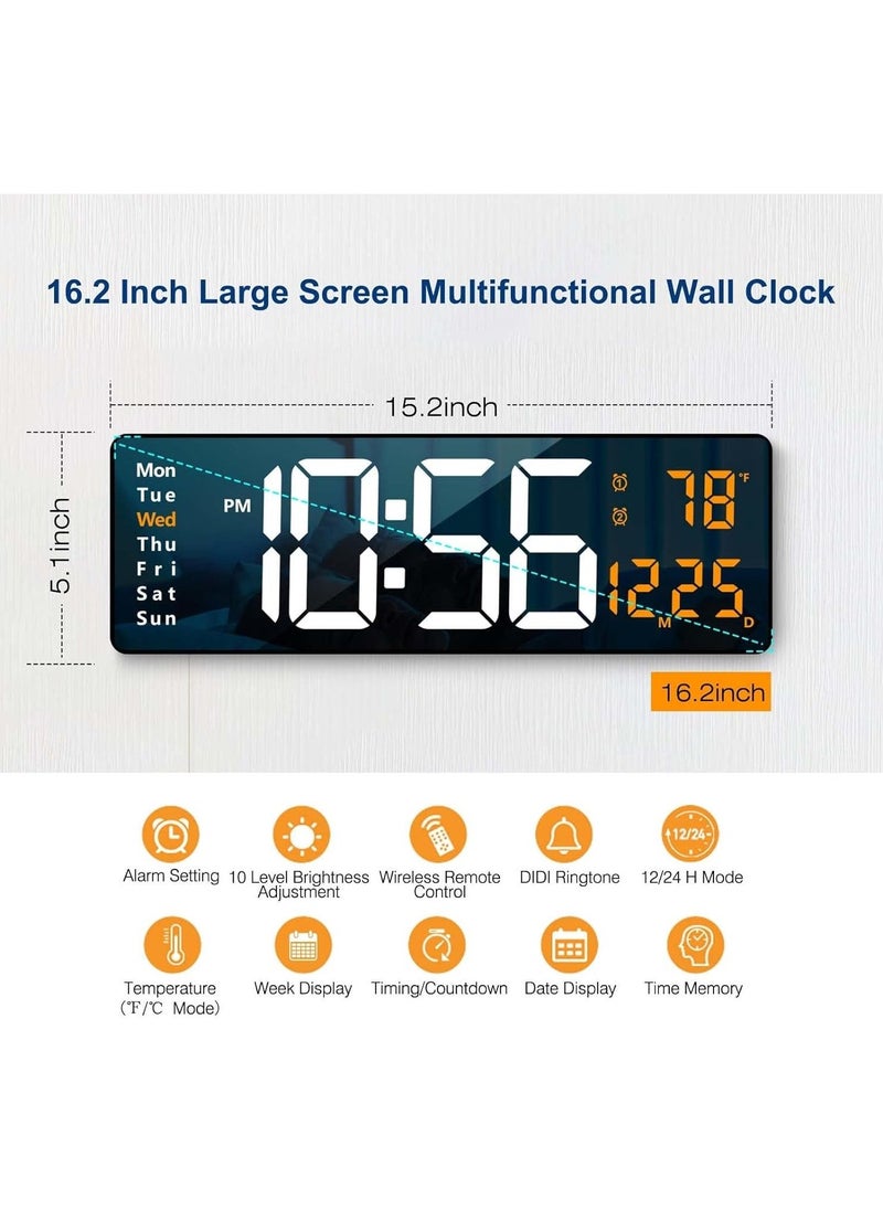 TIGER Digital Wall Clock Large Display, 16.2 Inch | LED Digital Clock with Remote Control | Automatic Brightness Dimmer | Date, Week & Temperature Display | Modern Living Room Decor | Orange - Image 2