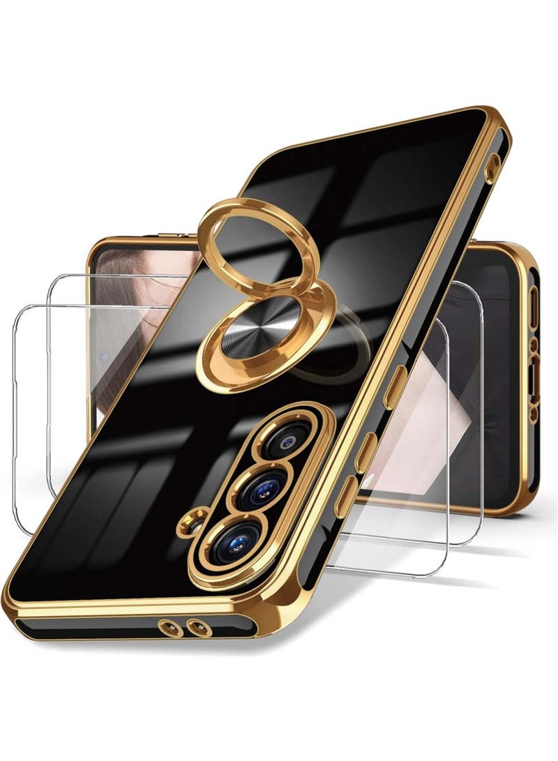 Samsung Galaxy A56 Case, Galaxy A56 5G Case with Screen Protector, 360° Rotatable Ring Holder Magnetic Kickstand,Plated Gold Edge Slim Soft TPU Protective Phone Cover (Black, A56) - Image 1