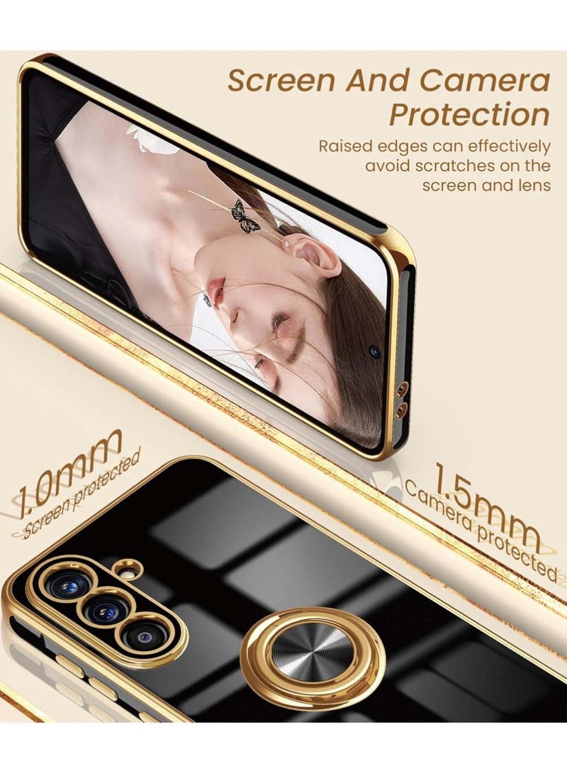 Samsung Galaxy A56 Case, Galaxy A56 5G Case with Screen Protector, 360° Rotatable Ring Holder Magnetic Kickstand,Plated Gold Edge Slim Soft TPU Protective Phone Cover (Black, A56) - Image 3