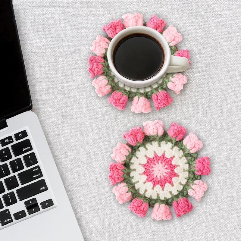 Vane Oak Flower Crochet Coasters, Handmade Bouquet Blanket Coaster with Crochet Plant Pot Fun Soft Decorative Drink Coasters for Coffee Tabletop Protection and Home Decor (Pink, 1Pc) - Image 5