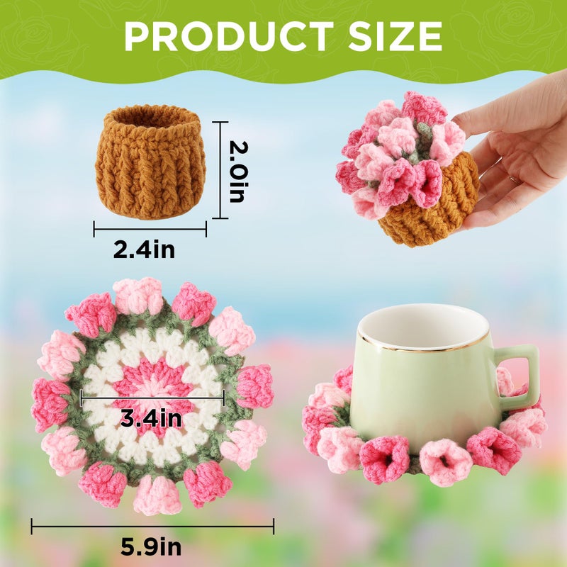 Vane Oak Flower Crochet Coasters, Handmade Bouquet Blanket Coaster with Crochet Plant Pot Fun Soft Decorative Drink Coasters for Coffee Tabletop Protection and Home Decor (Pink, 1Pc) - Image 2