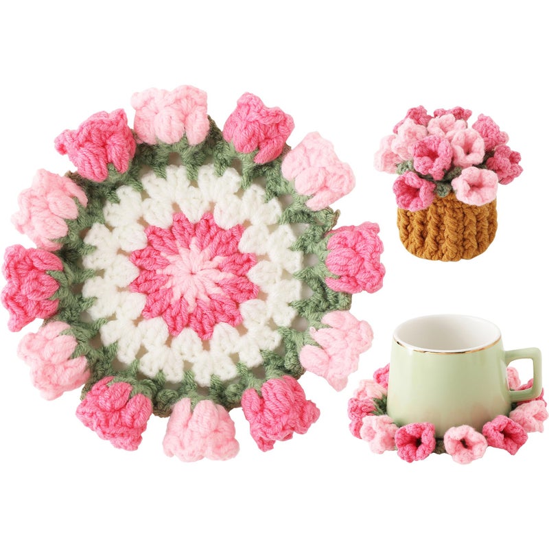 Vane Oak Flower Crochet Coasters, Handmade Bouquet Blanket Coaster with Crochet Plant Pot Fun Soft Decorative Drink Coasters for Coffee Tabletop Protection and Home Decor (Pink, 1Pc) - Image 1