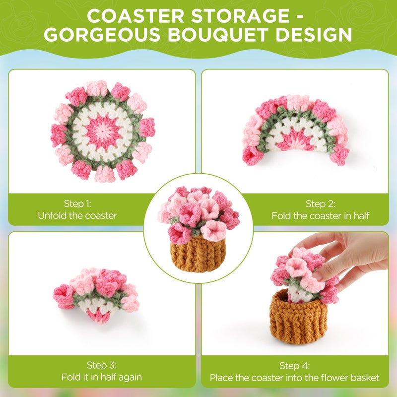 Vane Oak Flower Crochet Coasters, Handmade Bouquet Blanket Coaster with Crochet Plant Pot Fun Soft Decorative Drink Coasters for Coffee Tabletop Protection and Home Decor (Pink, 1Pc) - Image 3