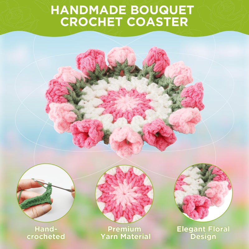Vane Oak Flower Crochet Coasters, Handmade Bouquet Blanket Coaster with Crochet Plant Pot Fun Soft Decorative Drink Coasters for Coffee Tabletop Protection and Home Decor (Pink, 1Pc) - Image 4