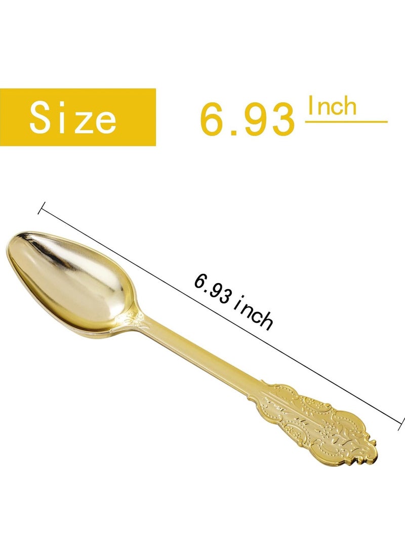 Generic - Gold Plastic Spoons Disposable, 25Pcs Dessert Spoon, 6.93 Inch Baroque Gold Plastic Silverware for Dessert Cake, Heavy Duty Plastic Spoons for Party, Wedding, Gorgeous Design Gold Spoons - Image 1