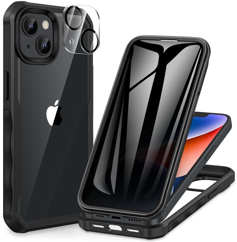 CENHUFO Privacy for iPhone 14 Plus Case, Full Body Phone Case with Built-in 9H Tempered Glass Privacy Screen Protector and Camera Lens Protector, Anti Peep Shockproof Bumper Clear Cover - Black - Image 1