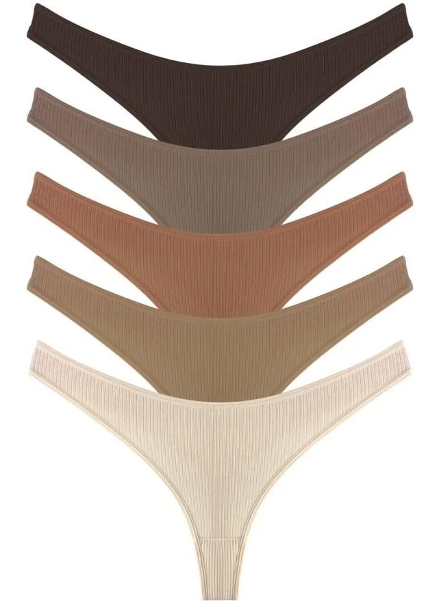 كوتن هيل Women's Cotton and Lycra Ribbed Camisole Thong Panties 5-Pack-2