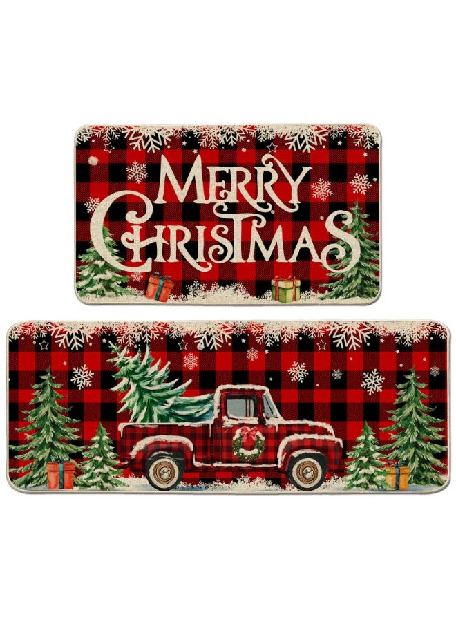 تشيلور سجادات مطبخ لعيد الميلاد للأرضيات، طقم من قطعتين، سجاد مطبخ بنقشة مربعات الجاموس الأحمر بتصميم شاحنة أرم هاوس، ديكور مطبخ لعيد الميلاد، زينة عيد الميلاد للحمامات والمنازل والأماكن الداخلية، مقاس 15.7 × 23.6 بوصة + 15.6 × 47 بوصة. - Image 1
