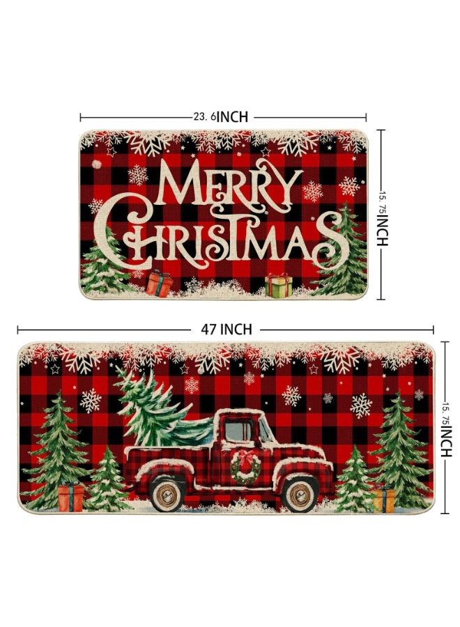 تشيلور سجادات مطبخ لعيد الميلاد للأرضيات، طقم من قطعتين، سجاد مطبخ بنقشة مربعات الجاموس الأحمر بتصميم شاحنة أرم هاوس، ديكور مطبخ لعيد الميلاد، زينة عيد الميلاد للحمامات والمنازل والأماكن الداخلية، مقاس 15.7 × 23.6 بوصة + 15.6 × 47 بوصة. - Image 2