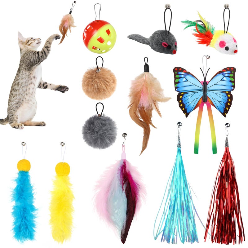 QUOZUO Cat Toys Replacement Cat Toy Wand Refills, 12 Pcs Cat Feathers Refill, Cat Toy Mouse Cat Wand Refill Attachments for Indoor Cats - Image 1