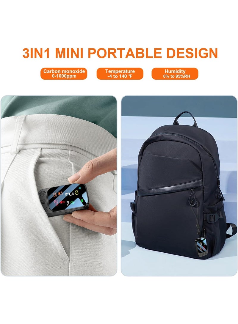 Portable Carbon Monoxide Detectors [3-in-1] Mini Size CO Monitor with Kickstand & Lanyard Alarm [ CO Temperature Humidity Sensor ] for Outdoor Camping Travel RV Home Hotel (3IN1 black) - Image 2