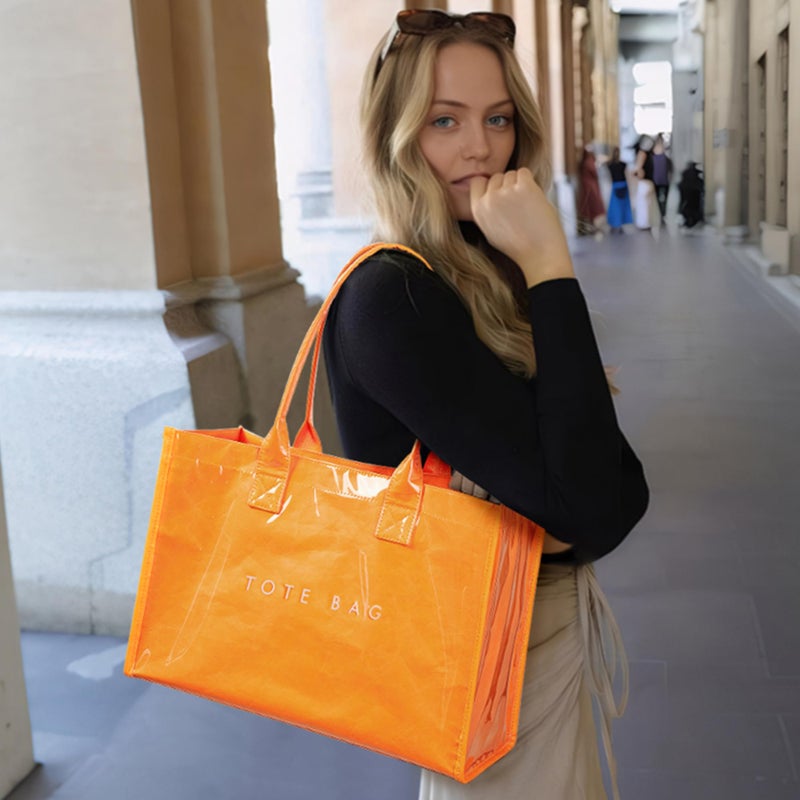 KALIDI FANCY FOREST KALIDI PVC Tote Bag Womenâ€™s Kraft Paper Work Handbags Purses with Top Handle,Orange - Image 2