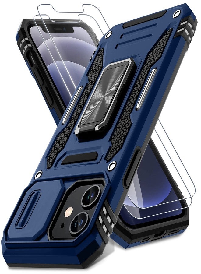 DEERLAMN جراب DEERLAMN لهاتف iPhone 12، جراب iPhone 12 Pro مع غطاء كاميرا منزلق + واقي شاشة (عبوتان)، غطاء حماية مقاوم للصدمات بمسند حلقي دوار - أزرق داكن - Image 1