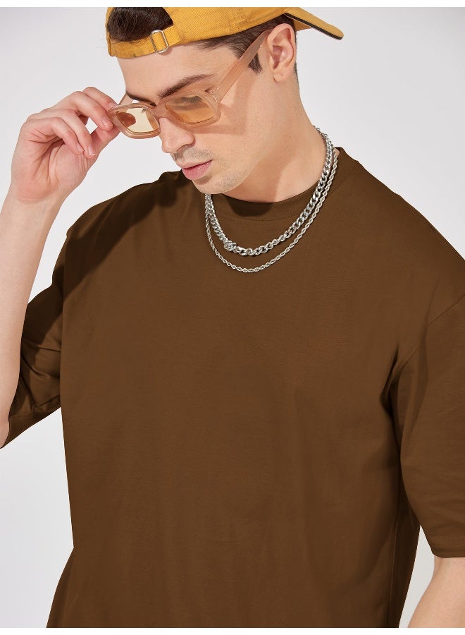 Maniac Mens Solid Round Neck Half Sleeve Brown Color Tshirt and Brown Short Cotton Oversized Fit Co-Ords - Image 4