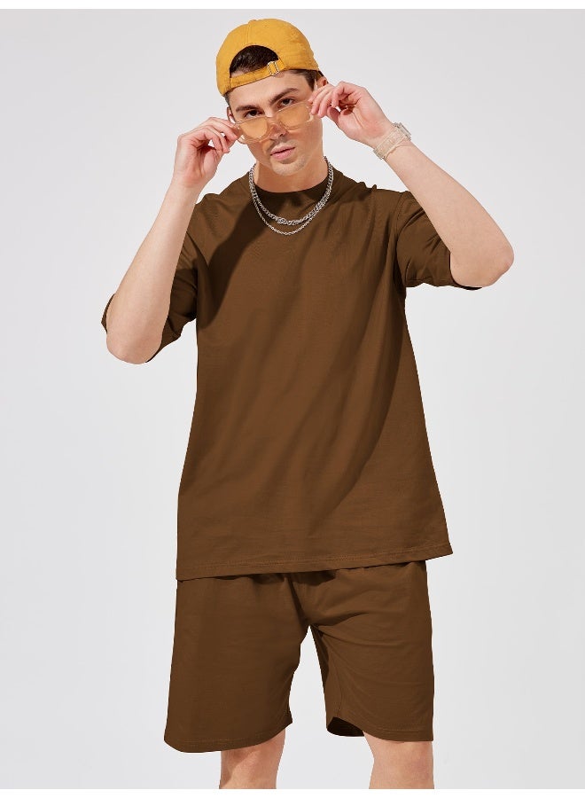 Maniac Mens Solid Round Neck Half Sleeve Brown Color Tshirt and Brown Short Cotton Oversized Fit Co-Ords - Image 1