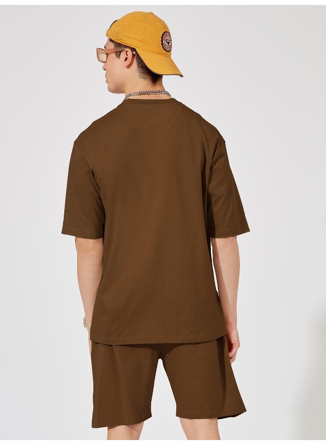 Maniac Mens Solid Round Neck Half Sleeve Brown Color Tshirt and Brown Short Cotton Oversized Fit Co-Ords - Image 3