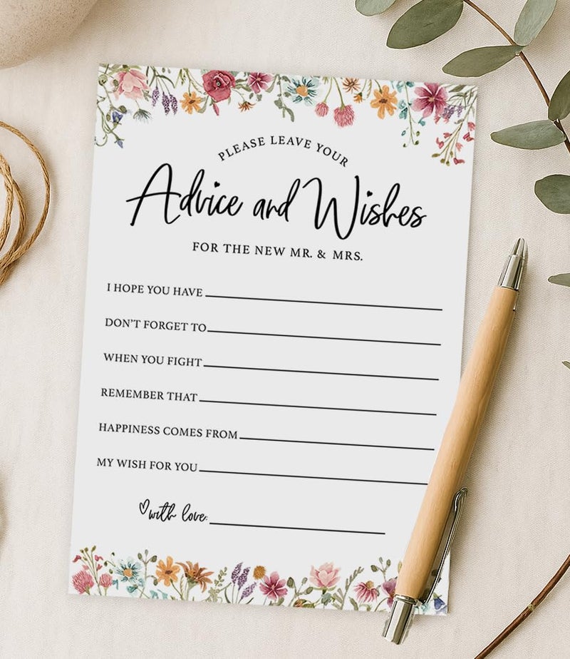 Printed Party Wedding Advice Cards â€“ Wildflower Theme, Bridal Shower Games and Favors for Guests, Love In Bloom Floral Design, 30 Guests - Image 2
