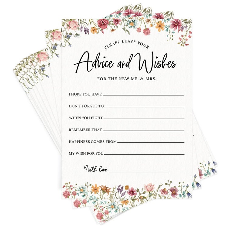 Printed Party Wedding Advice Cards â€“ Wildflower Theme, Bridal Shower Games and Favors for Guests, Love In Bloom Floral Design, 30 Guests - Image 1