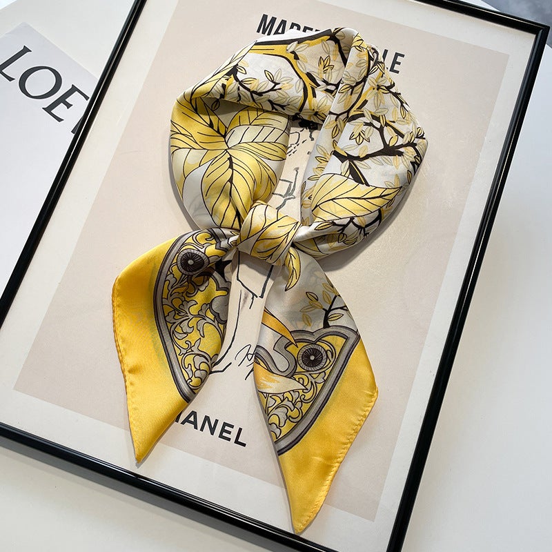 Oil painting small square scarf silk scarf for women Spring Autumn Winter mom matching shirt neck protection scarf scarf scarf 70x70 Forest 70 square scarf-yellow