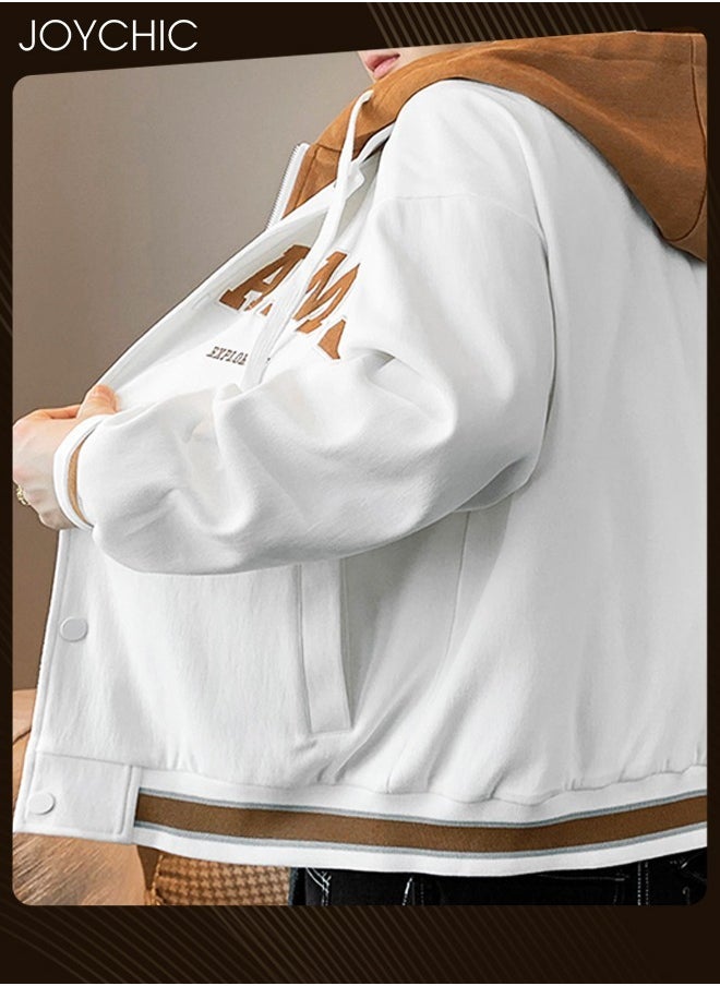Joychic Trendy Spring and Autumn Fake Two-piece Men Outwear Casual Cotton Baseball Jackets Youth Fashion Warm Windproof Coat with Cap White+Orange  - Image 2