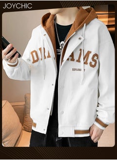Joychic Trendy Spring and Autumn Fake Two-piece Men Outwear Casual Cotton Baseball Jackets Youth Fashion Warm Windproof Coat with Cap White+Orange  - Image 1