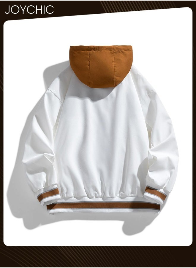Joychic Trendy Spring and Autumn Fake Two-piece Men Outwear Casual Cotton Baseball Jackets Youth Fashion Warm Windproof Coat with Cap White+Orange  - Image 3