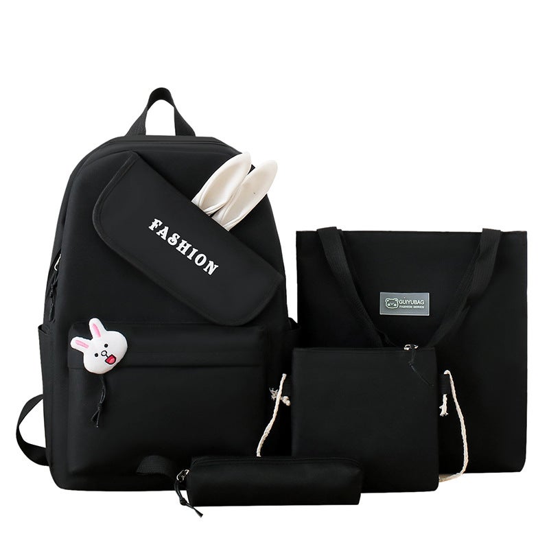 Cross-border New Korean Style Girls Backpack Schoolbag for Primary and Secondary School Students Four-piece Set Cartoon Rabbit Ear Backpack Black four-piece set