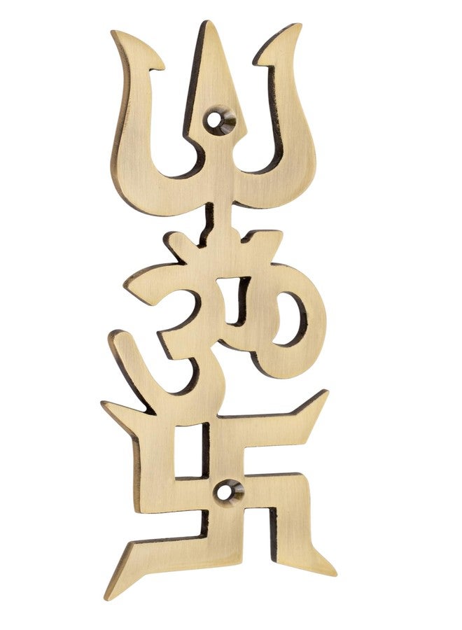 DEVDECOR The Spiritual Living Swastik for Door Entrance II Brass Swastik Om Trishul Trishakti Yantra II Main Door Entrance II Vastu Remedies II Golden II Pack of 1 (14.5 X 5.5) | 85 gm - Image 3