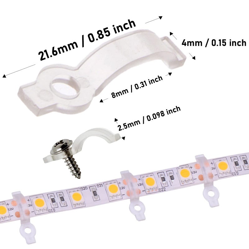 VIPMOON 100pcs Led Light Strip Mounting Clips 8mm Wide Strip Light Mounting Brackets Led Light Holder Fixing Clips for IP65 Waterproof 3528 2835 LED Strip Light, 100pcs Screws Included - Image 2