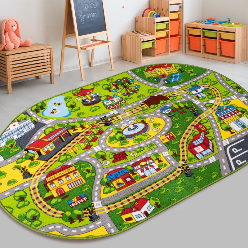 Capslpad Green Car Road Kid Rug Carpet Playmat for Playoom Traffic Road Kids Play Mat for Toddler Non Slip Washable City Map Race Track Carpet Rug for Kids Room Bedroom Nursery Room Decor 5.2'x3.3' - Image 2
