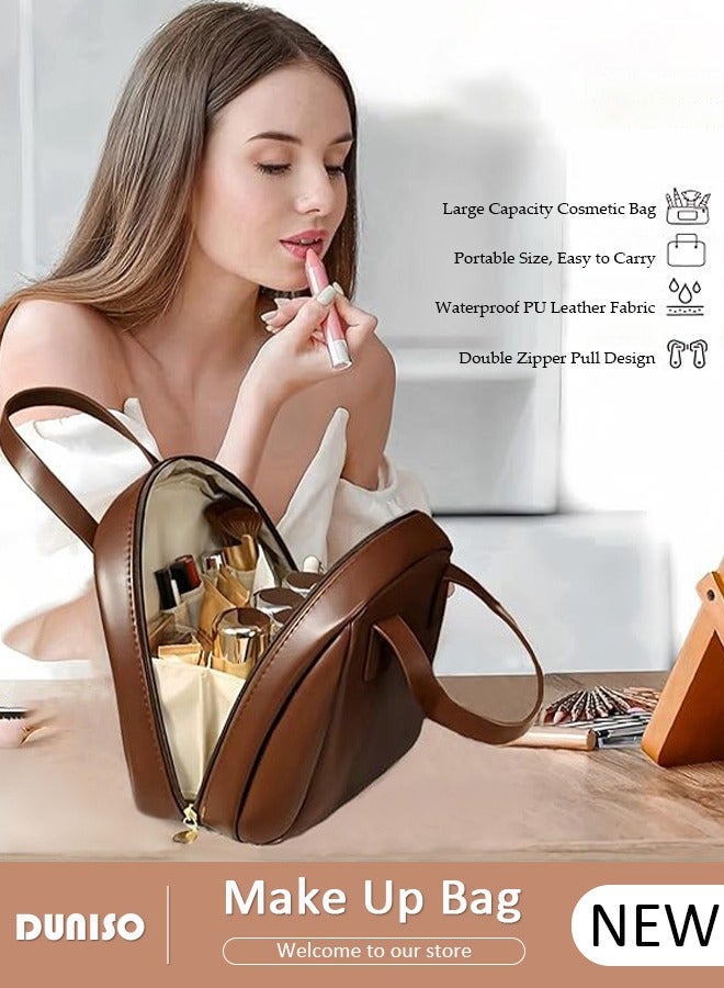 DUNISO Multi-Layered Shell-Shaped Make Up Bag,  PU Leather Cosmetic Bags with Zipper, Waterproof Portable Travel Storage Pouch, Large Capacity Tote Travel Bag with Compartments for Girls & Women  - Image 1