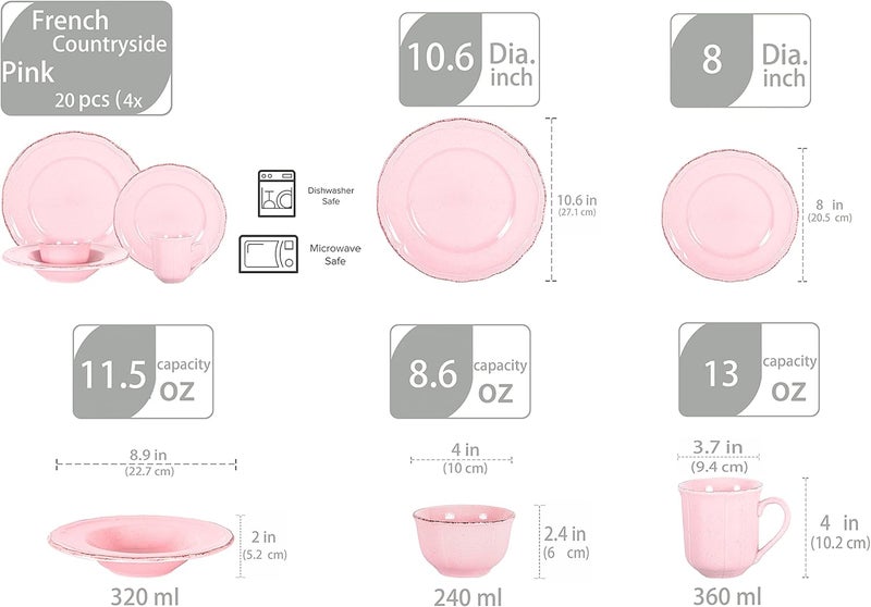 HomeVss Stoneware French Countryside 20pc Dinnerware Set Speckled and Antique Pink - Image 3