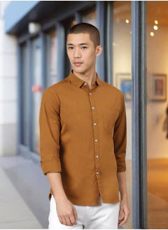 Dennis Lingo Men's Slim Fit Solid Brown Casual Spread Collar Shirt - 100% Cotton  - Image 1