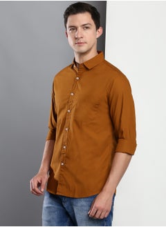 Dennis Lingo Men's Slim Fit Solid Brown Casual Spread Collar Shirt - 100% Cotton  - Image 5