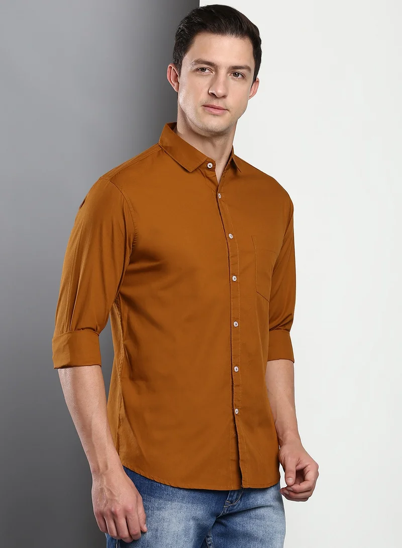 Dennis Lingo Men's Slim Fit Solid Brown Casual Spread Collar Shirt - 100% Cotton